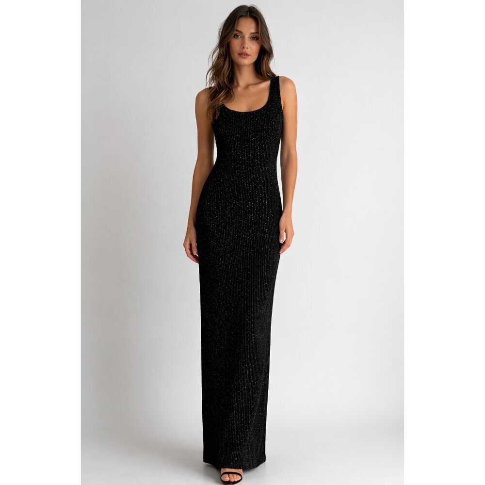 Vintage Alfa Beta Black Textured Sparkly Ribbed Slinky Maxi Dress S